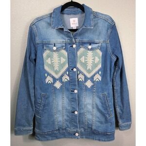 Lularoe Embroidered Aztec Denim Jacket Medium Western Boho‎ Stretch Jean Jacket